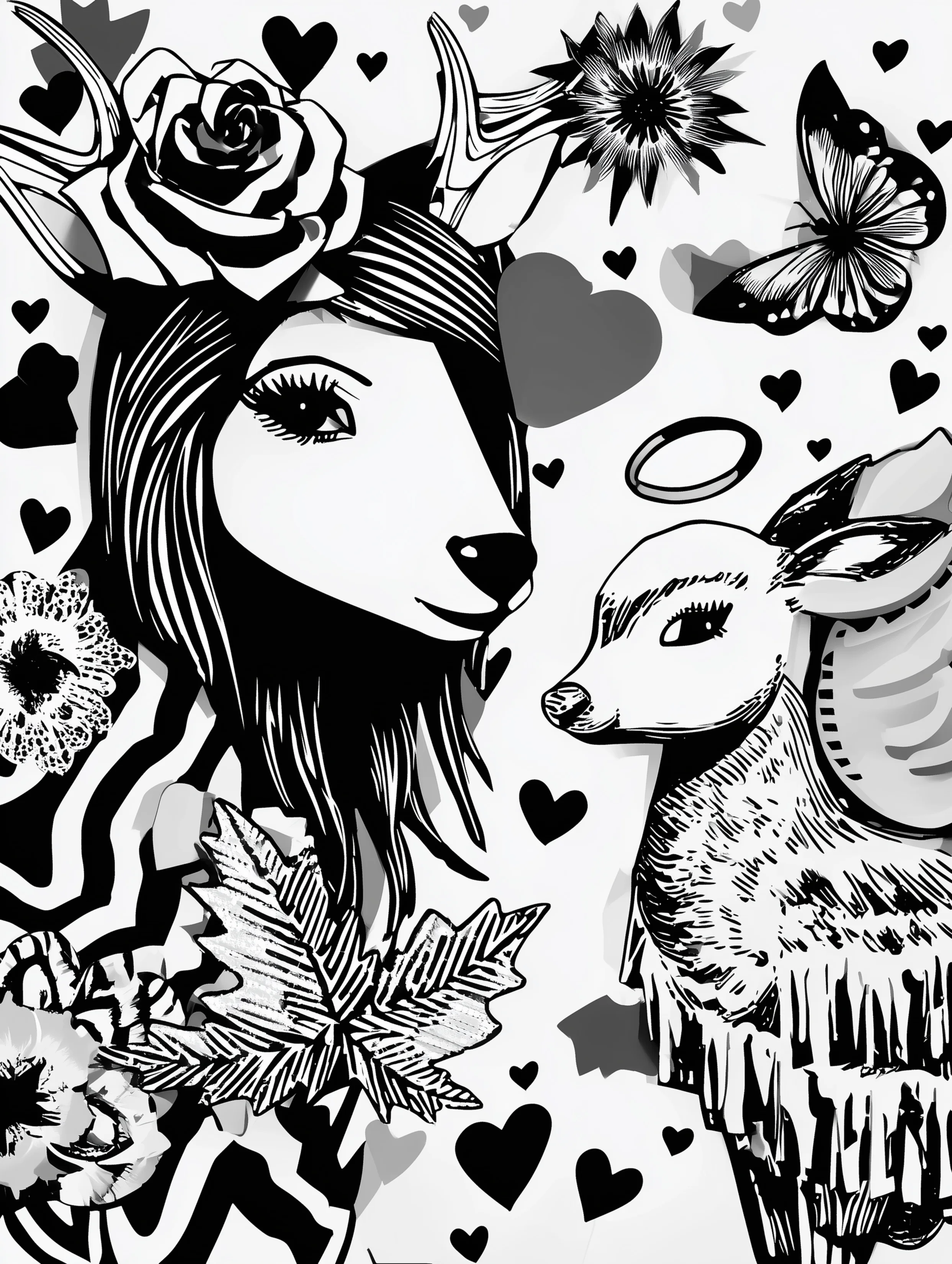 Free printable reindeer coloring page for adults featuring two reindeer with a halo on one